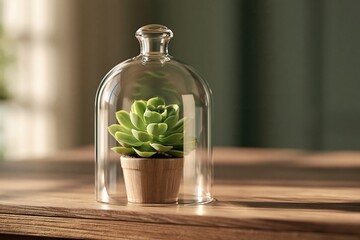 Naklejka premium Small green succulent plant inside clear glass terrarium