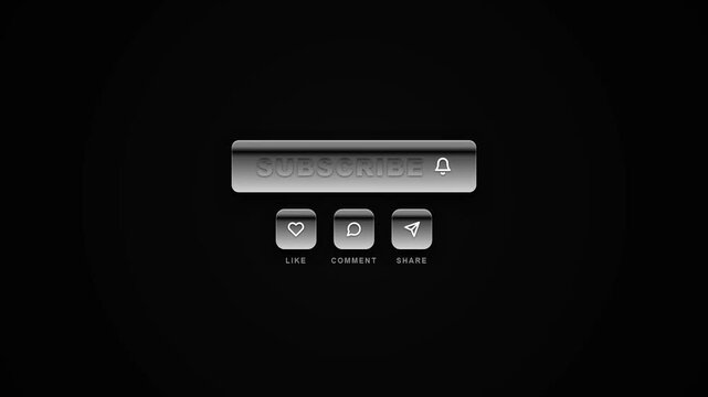 Social media subscribe like comment share button set metallic glass 3d glossy style dark theme user interface element for content creators and channel branding