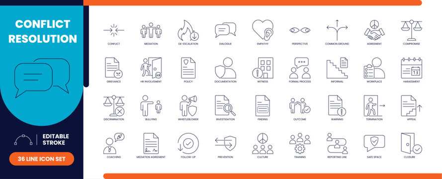 Conflict resolution line icon set