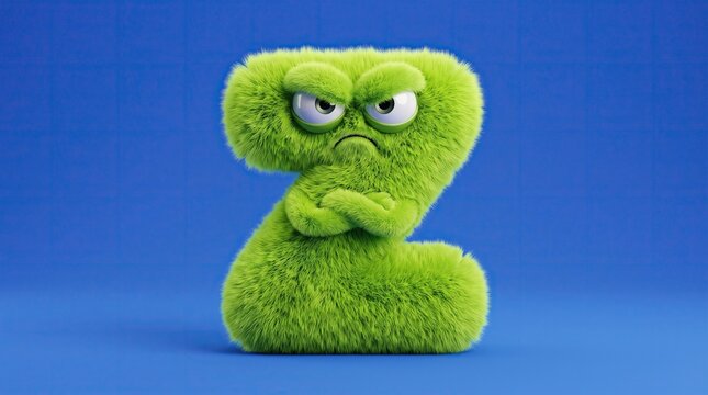 Grumpy green fuzzy monster character shaped like letter Z with crossed arms. A moody plush figure with a frowning expression on a blue background, suited for emotion-themed educational materials.