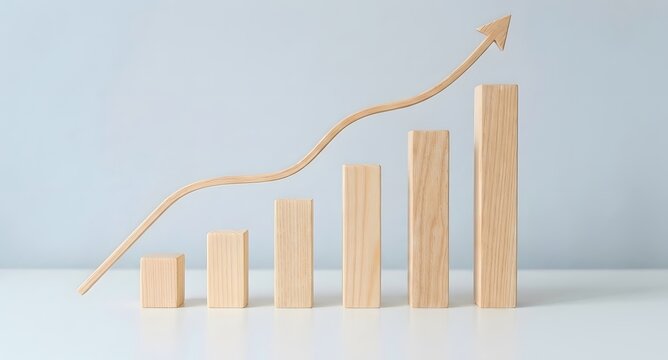 An upward trending aroow on wooden blocks bars