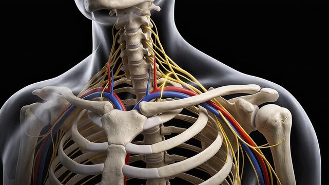 3D animation of human neck and shoulder anatomy featuring the brachial plexus nerves and blood vessels