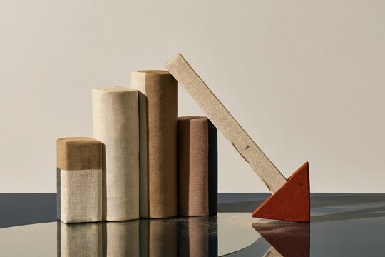 Red arrow plunging downward past fabric chart columns on a reflective dark surface, featuring stark contrast and copy space for economic risk campaigns