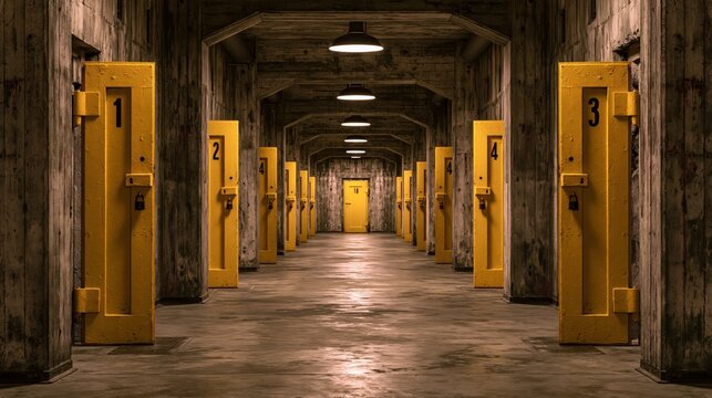 Rows of identical yellow doors line a concrete hallway with overhead lighting.