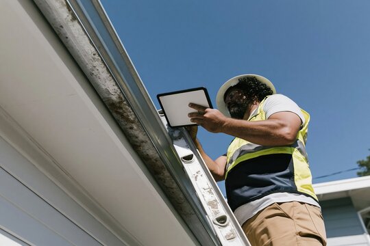Roofing inspector on a ladder checking a house gutter with a blank tablet mockup, featuring grainy textures and hard lighting for maintenance and repair services