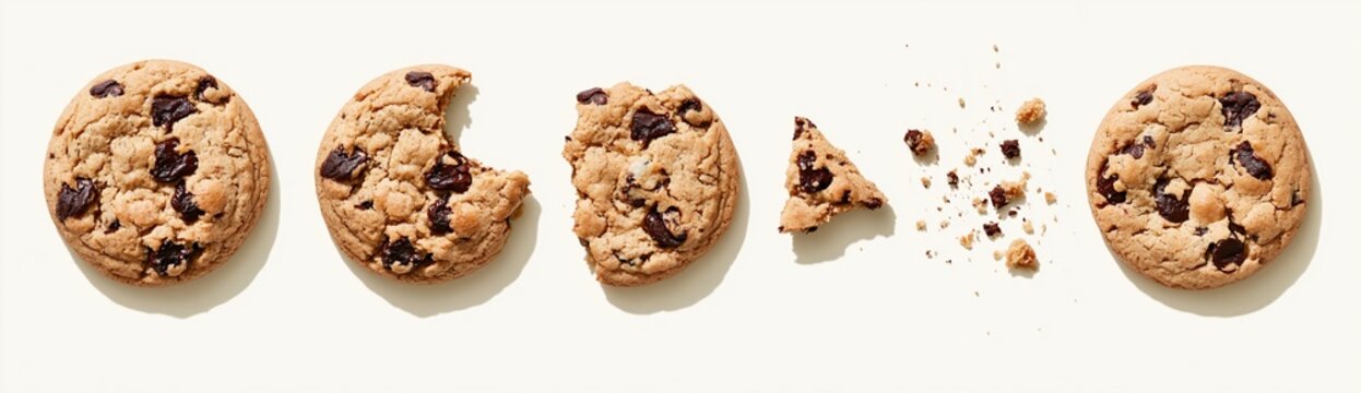Chocolate chip cookies being eaten and crumbling on