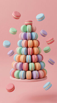 A beautiful pyramid of colorful French macarons floating against a soft pastel pink background.
