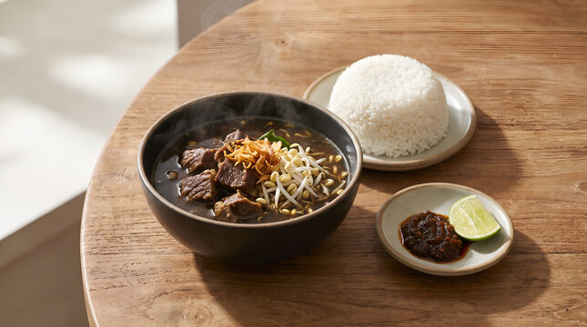 Traditional Rawon served with steamed rice, bean sprouts, fried shallots and lime, photographed for Indonesian restaurant menus, food delivery campaigns and culinary advertising.