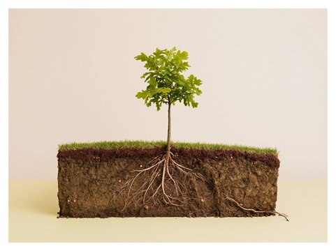 Broadleaf tree with an exposed root system in a soil cross-section, showing detailed organic textures for ecology and education, with copy space