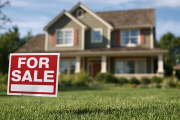 Naklejka premium For sale sign stands on green lawn before