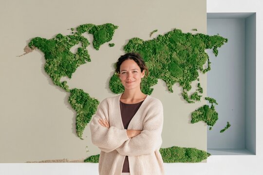 Moss world map on a concrete wall with a smiling woman in a knitted cardigan, featuring natural textures for corporate sustainability and eco-branding