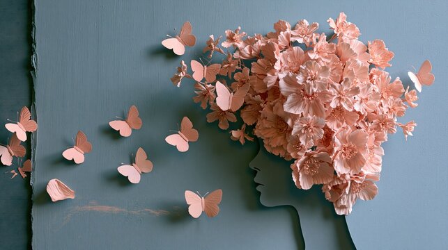 Paper silhouette of a woman with blooming pink flowers and butterflies, featuring a soft matte texture and copy space for mental health banners