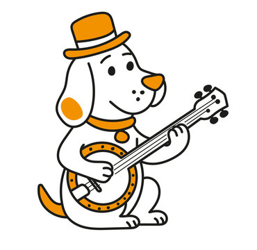 Icono de perro con sombrero de copa naranja tocando el banjo. Fondo transparente.
