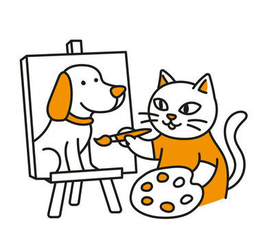 Icono de gato artista pintando un retrato de un perro en un caballete. Fondo transparente.