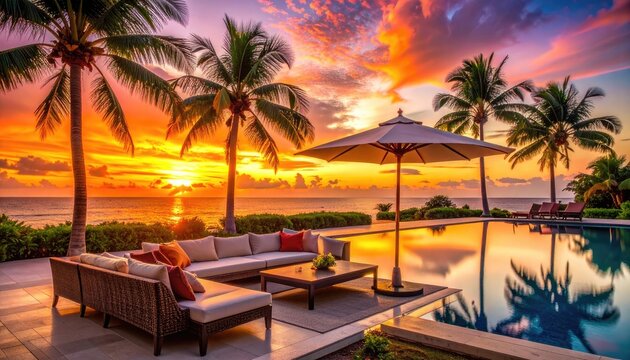 A luxurious tropical paradise at sunset with a swimming pool, palm trees, and ocean view.