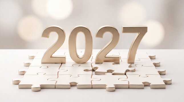 Golden numbers two zero two seven standing on white jigsaw puzzle pieces with missing center section with pieces featuring distinct digits rest assembled metallic year digits