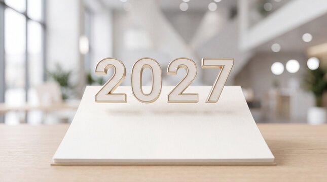 Golden three dimensional numbers representing the year 2027 are placed on a white notebook resting on a wooden table in a blurred background with gold numbers spelling desk blurred office