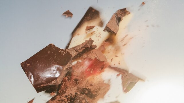 Broken dark chocolate pieces and cocoa crumbs exploding mid-air against a soft yellow and blue background, for confectionery and dessert advertising
