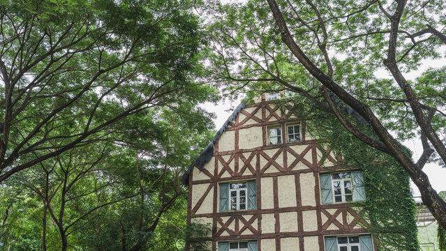 Real estate and vintage architecture concept with European half timbered cottage house facade covered in green ivy surrounded by lush tree branches for countryside home and eco living.