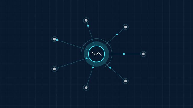 Abstract digital network connection concept with a central hub and radiating data points on a dark blue grid background.