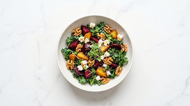 Fresh healthy salad with roasted beets walnuts kale and feta cheese in a white bowl.