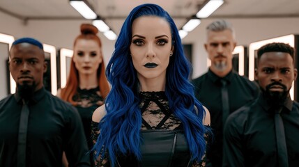 Fototapeta premium Diverse group of individuals stands together with striking blue hair and dark clothing.