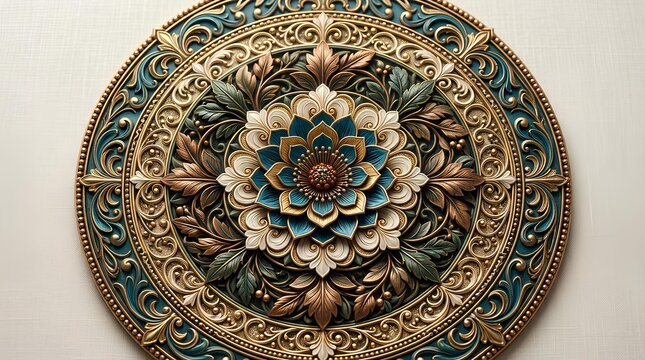 Ancient Thai Style Vintage Ornamental Wall Decoration with Floral Mandala Pattern, Antique Oriental Gold Decorative Element and Traditional Ethnic Art Design