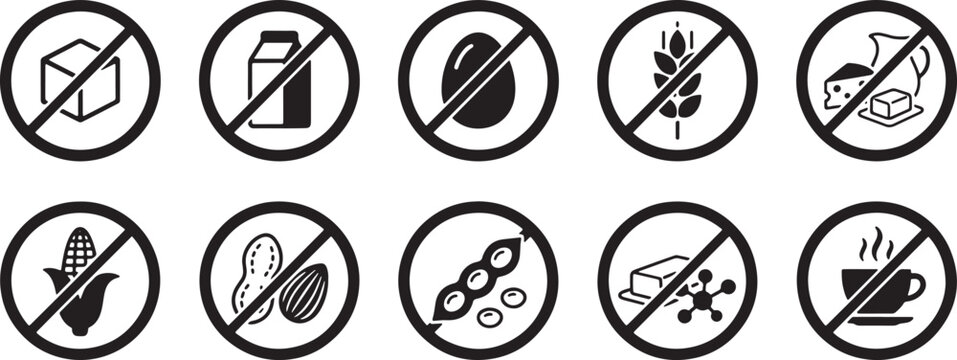 Food allergy and dietary restriction icons set including sugar free dairy free and gluten free signs.