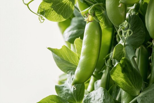 Swelling pea pod with a waxy surface hanging from a curling vine in a garden, featuring organic textures and copy space for produce campaigns