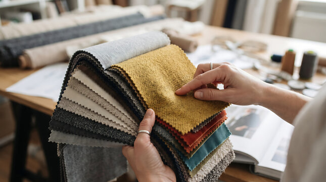 Choosing upholstery fabric swatches for interior design project.