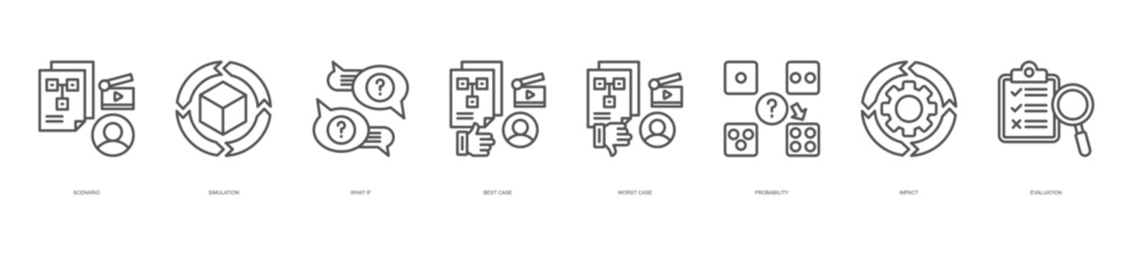 scenario planning icon set collection in line style. icon set consist of scenario, simulation, what if, best case, and more. editable stroke