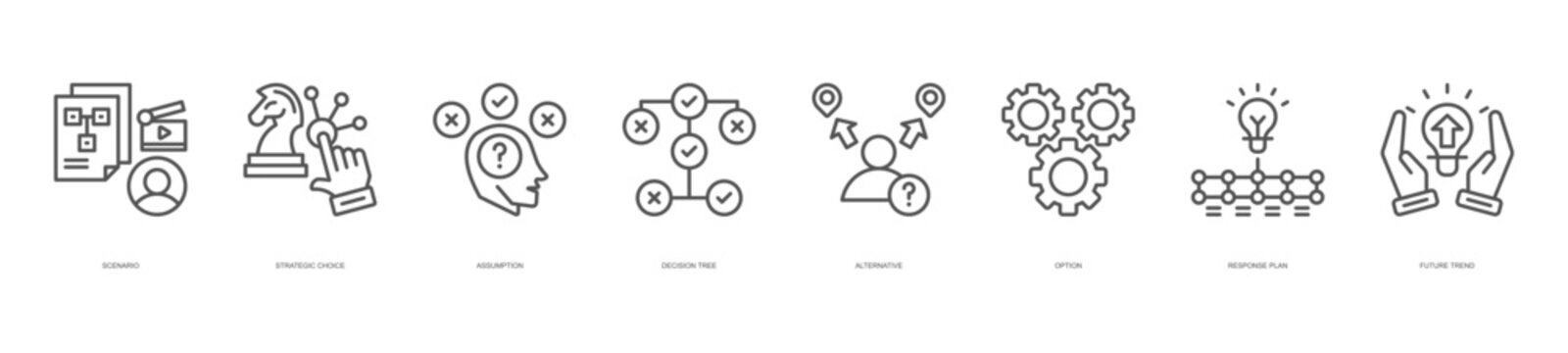 strategic planning icon set collection in line style. icon set consist of scenario, strategic choice, assumption, decision tree, and more. editable stroke