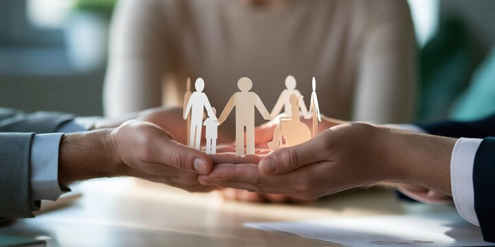 Cupped adult hands sheltering small paper cut-out figures of a family, featuring a soft glowing light and polished surface for insurance and social protection