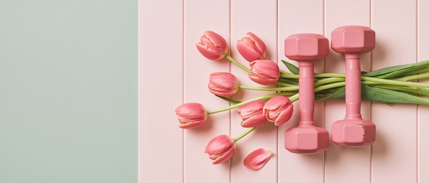 Compact dumbbells and coral tulips on a blush pink timber surface, featuring brushed grain and waxy petals for women's fitness and wellness copy space