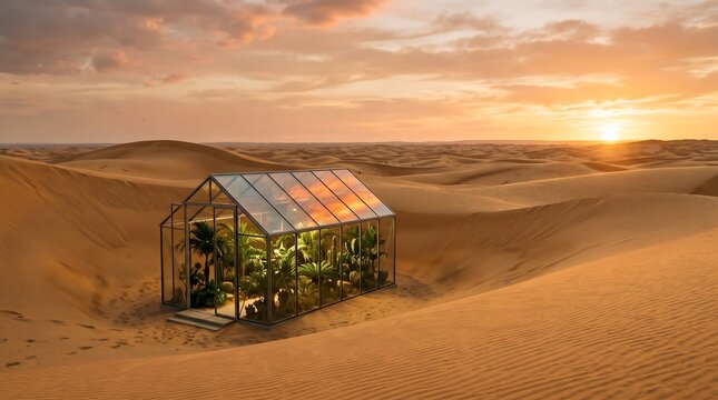 Transparent botanical greenhouse situated in deep desert valley during warm golden sunset.