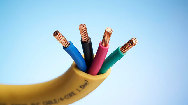 Colorful electrical cable strands with frayed copper wires