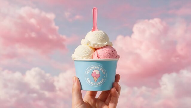 Hand holding a pastel pink ice cream cup with creamy scoops against a dreamy sky filled with soft clouds and playful summer atmosphere