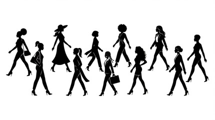 Obraz premium Group of diverse women walking in silhouette isolated on white background 
