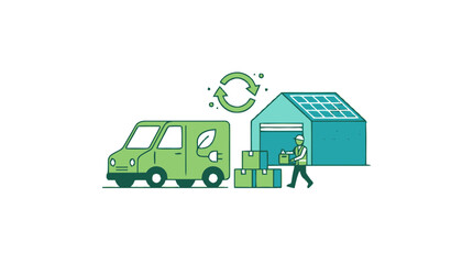 Naklejka premium Green delivery van with eco friendly warehouse and worker.