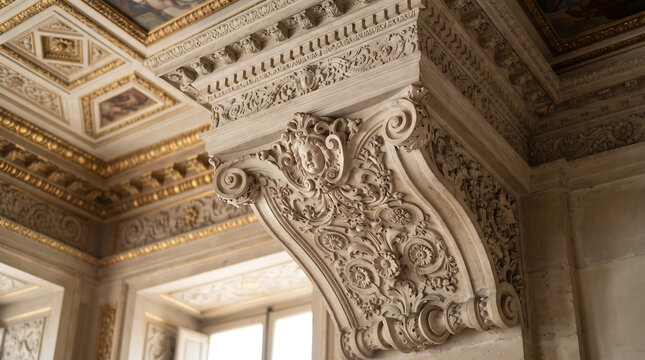 Ornate carved stucco capital and cornice in historic palace interior.