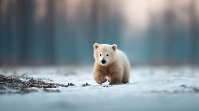 Fluffy polar bear cub walks across snow, with blurred forest background. Adorable winter scene
