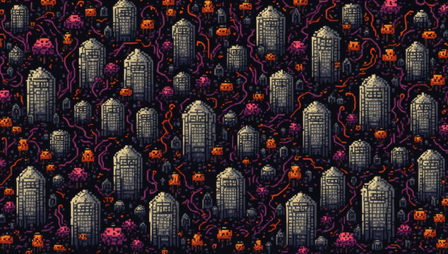 Pixel art graveyard background with tombstones, glowing mushrooms and sinister creeping vines