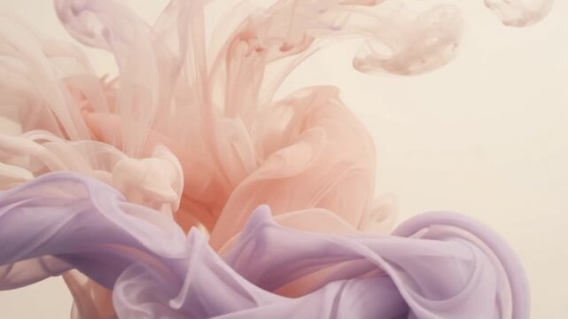 abstract pink and purple ink swirling in water bright white background slow motion fluid cloud