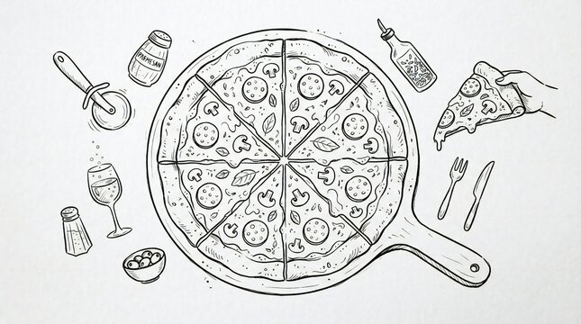 Hand drawn pizza illustration with cutter and condiments on white background
