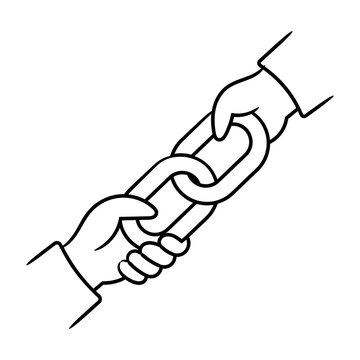 Hand-drawn icon of two hands exchanging a chain link, representing backlink sharing, link partnerships, and SEO collaboration.