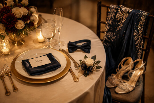 Formal dinner place setting with corsage, bow tie, high heels and dress, fall dance preparation concept