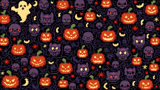 Pixel Art Halloween Background with Spooky Jack o Lantern Pumpkins Ghost and Skulls Pattern