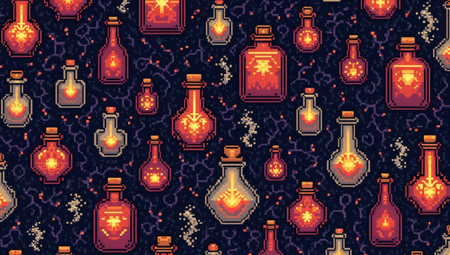 A mesmerizing seamless pattern of pixel art glowing magic potions and elixir bottles, evoking a mystical and enchanting retro fantasy gaming atmosphere with vibrant light