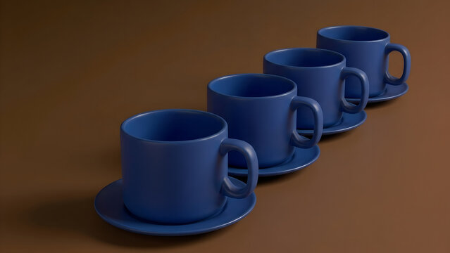 Blue Ceramic Coffee Cups with Saucers on Brown Background Stock Photo