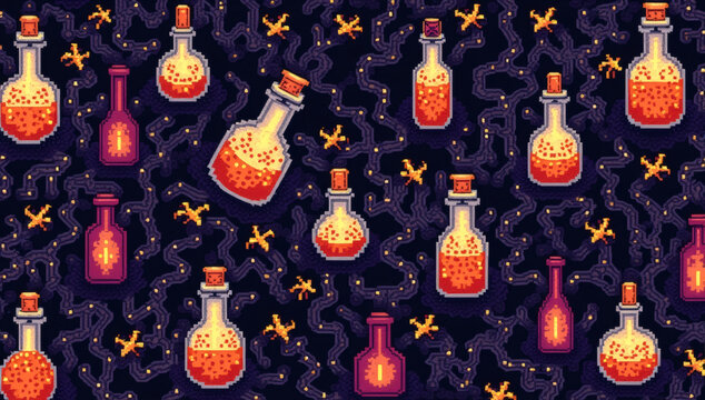Pixel art fantasy magic potion bottles seamless pattern with glowing liquid and mystical stars